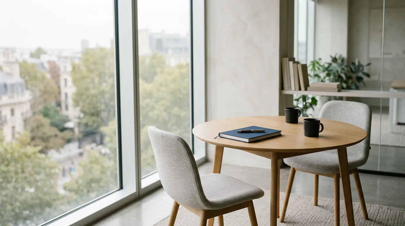 Coin r\u00e9union d'un bureau avec une table et deux chaises face \u00e0 face, \u00e9voquant un entretien entre employeur et salari\u00e9