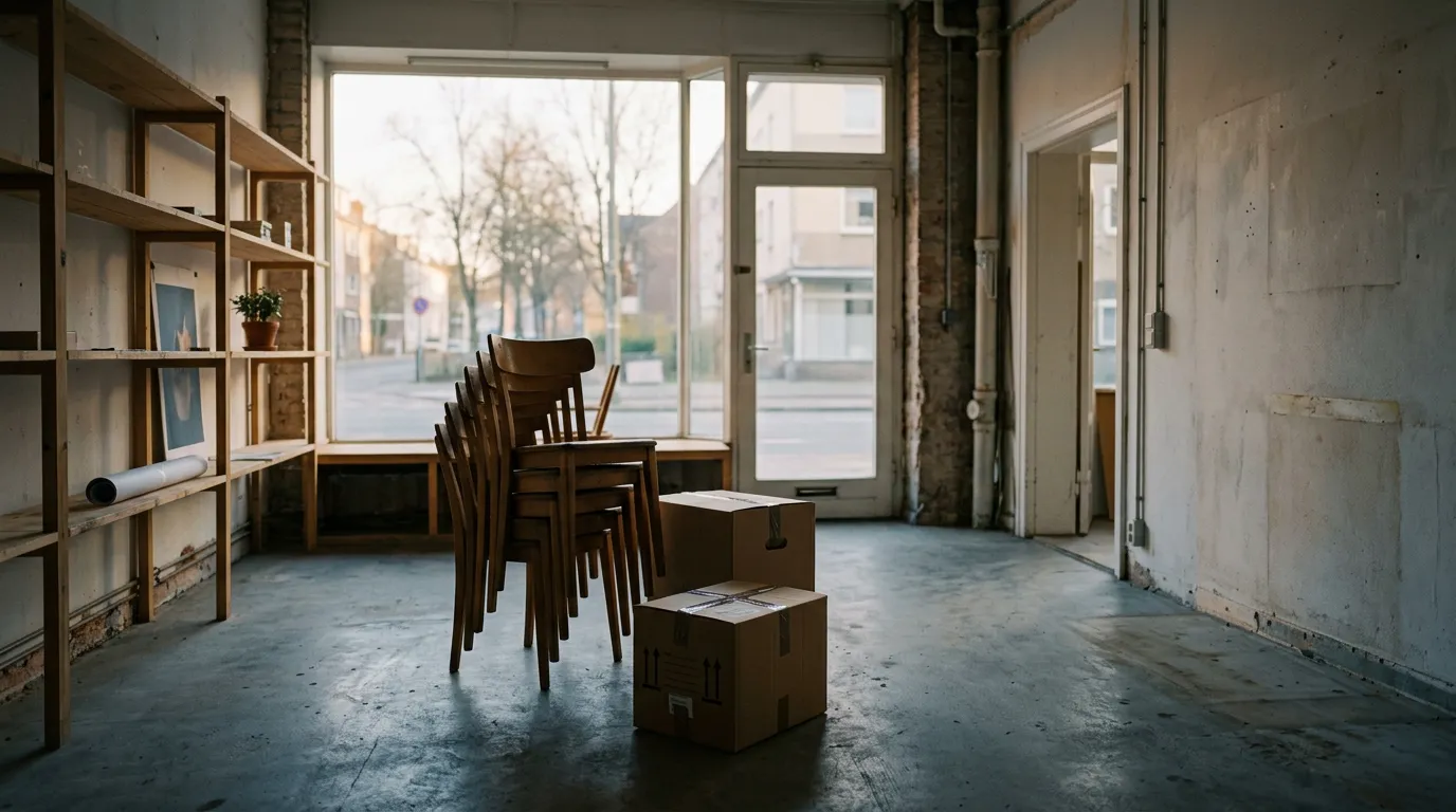 Petit local commercial en cours de fermeture, ambiance feutrée bleu-gris et lueur chaude de fin de journée, chaises empilées