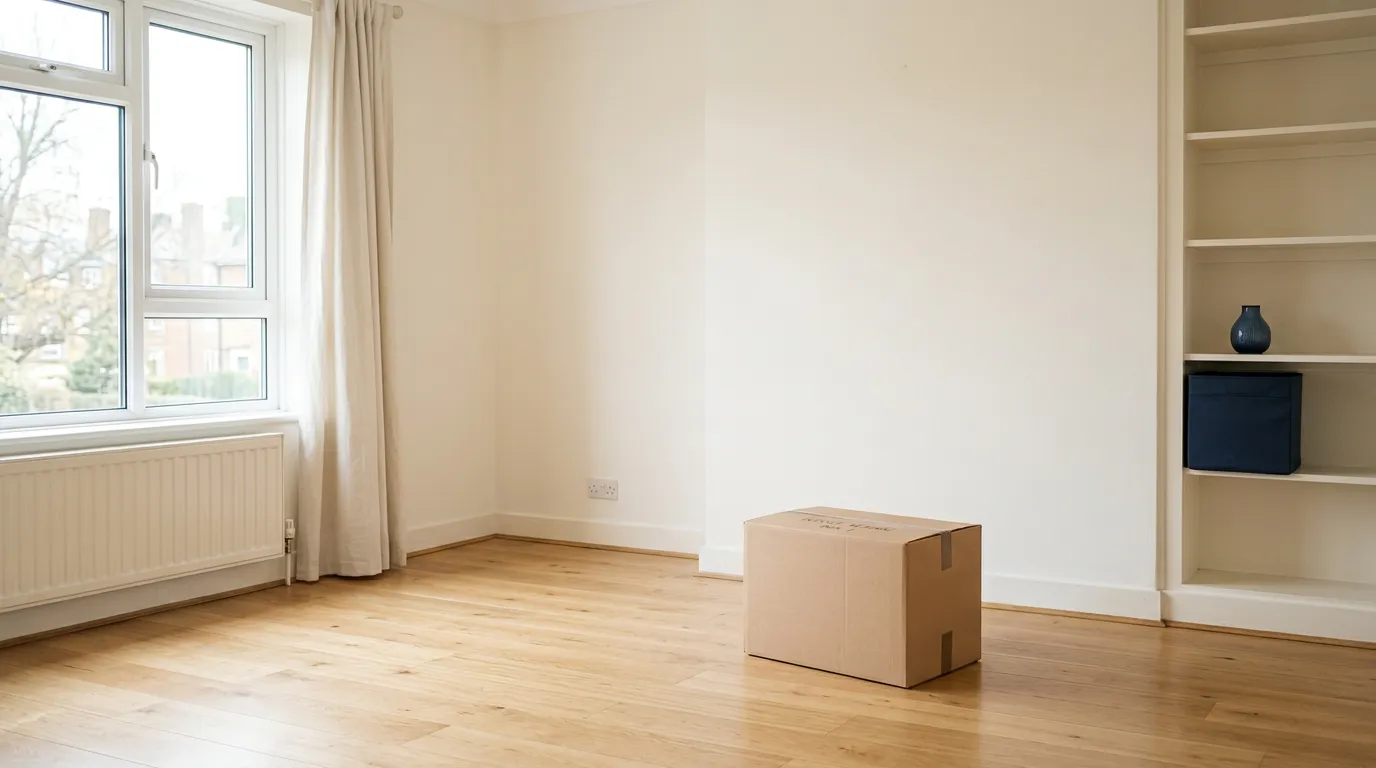Logement vide en fin de bail avec un carton de d\u00e9m\u00e9nagement, illustrant la restitution du d\u00e9p\u00f4t de garantie