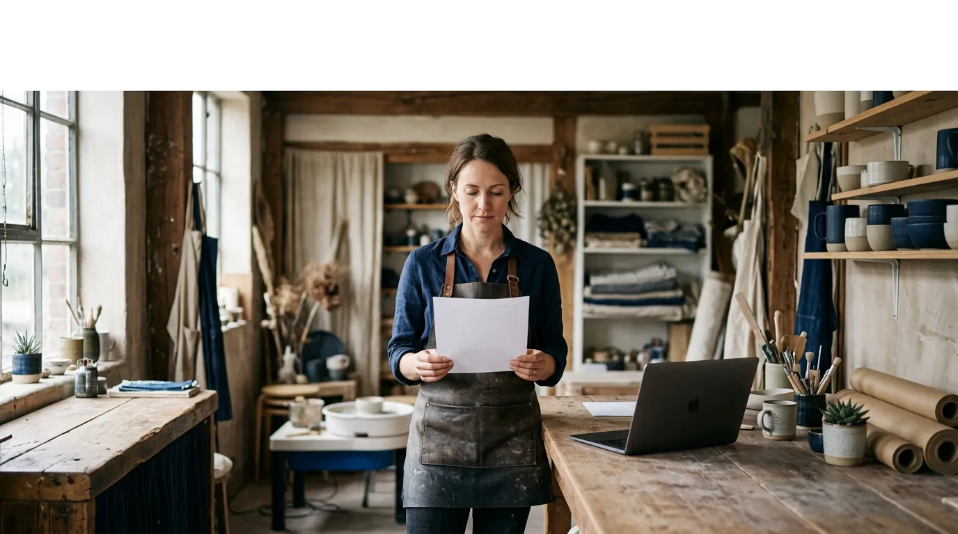 Gérant d'une petite entreprise examinant un document dans son atelier, ordinateur portable ouvert