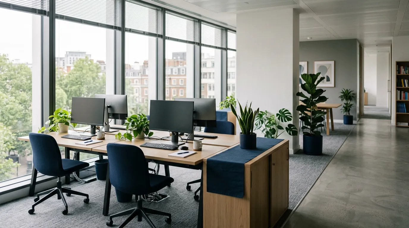 Open-space moderne et lumineux avec des postes de travail vides près de grandes fenêtres, évoquant le cadre professionnel