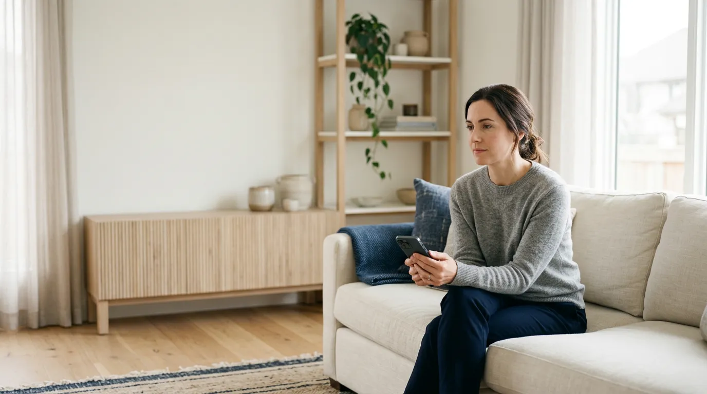 Une personne consulte calmement son téléphone dans un salon lumineux