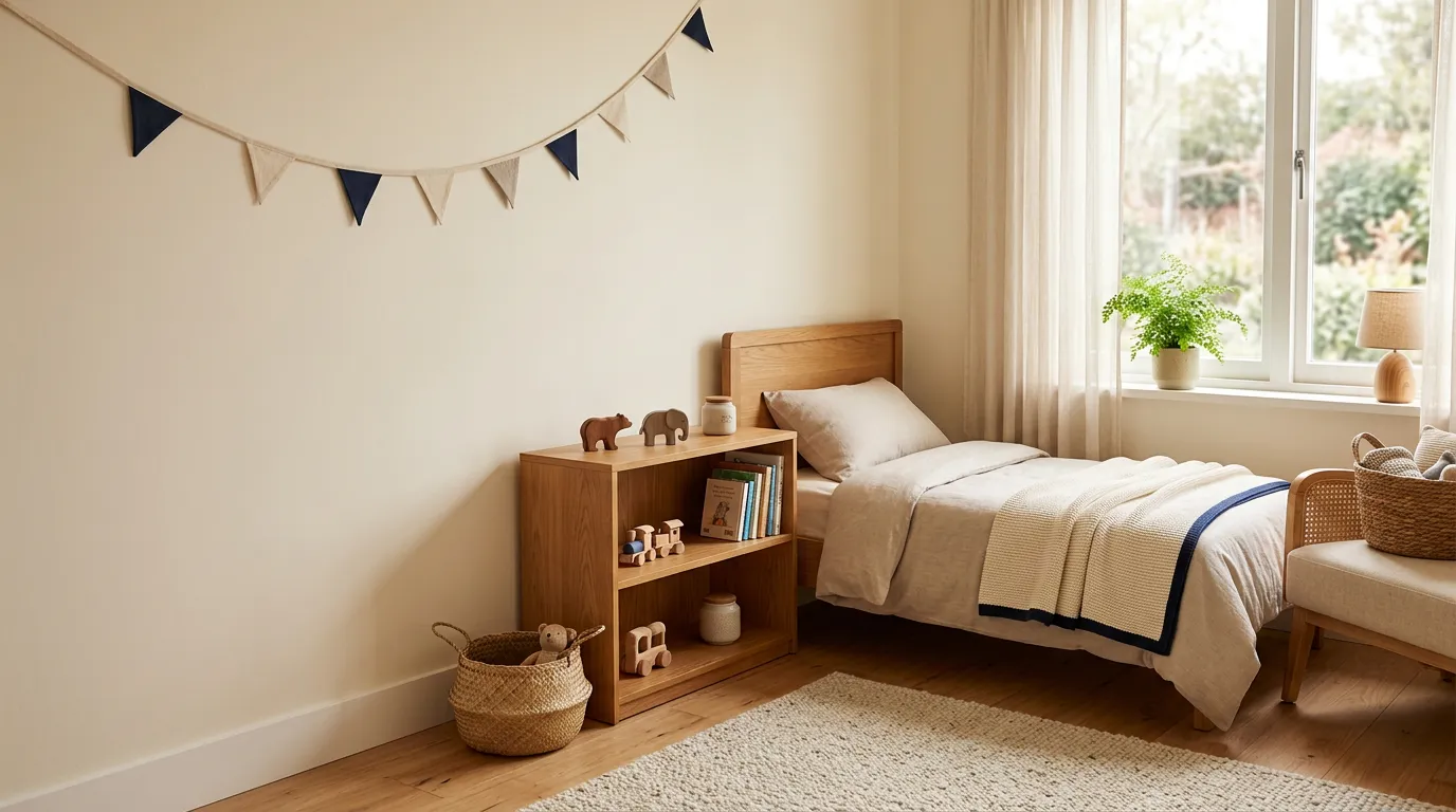 Chambre d'enfant lumineuse et chaleureuse préparée dans un foyer familial pour accueillir un enfant adopté