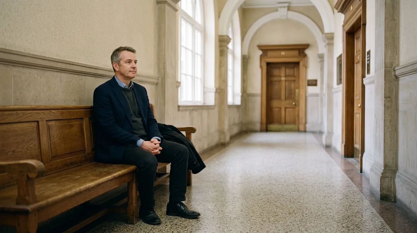 Personne attendant calmement sur un banc dans un couloir de palais de justice