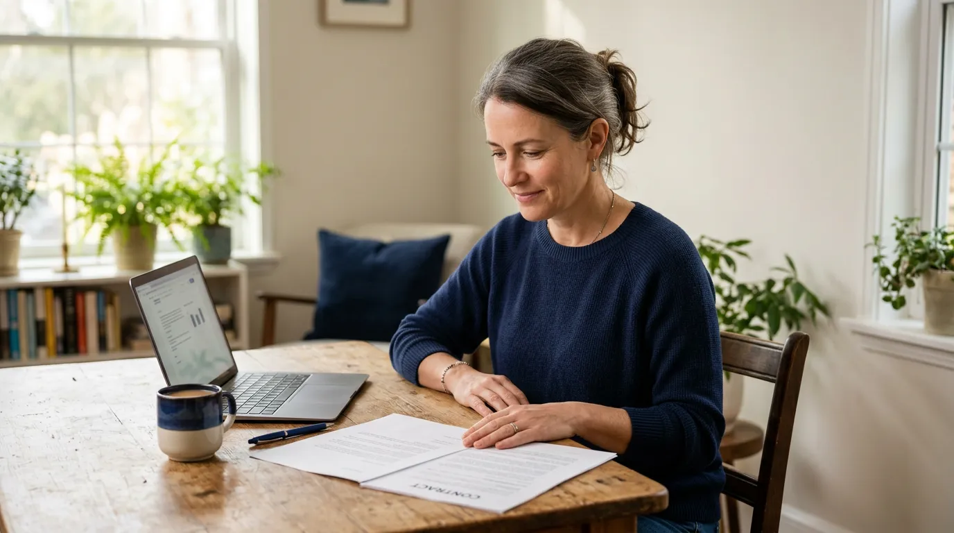 Une personne examine calmement un contrat et une lettre à la table de sa cuisine, à côté d'un ordinateur portable