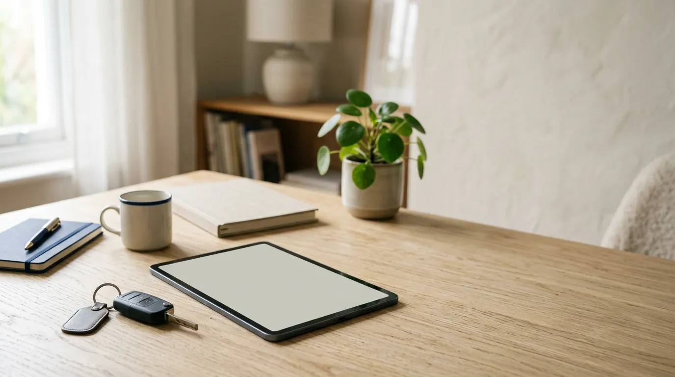 Clé de voiture et tablette posées sur un bureau clair