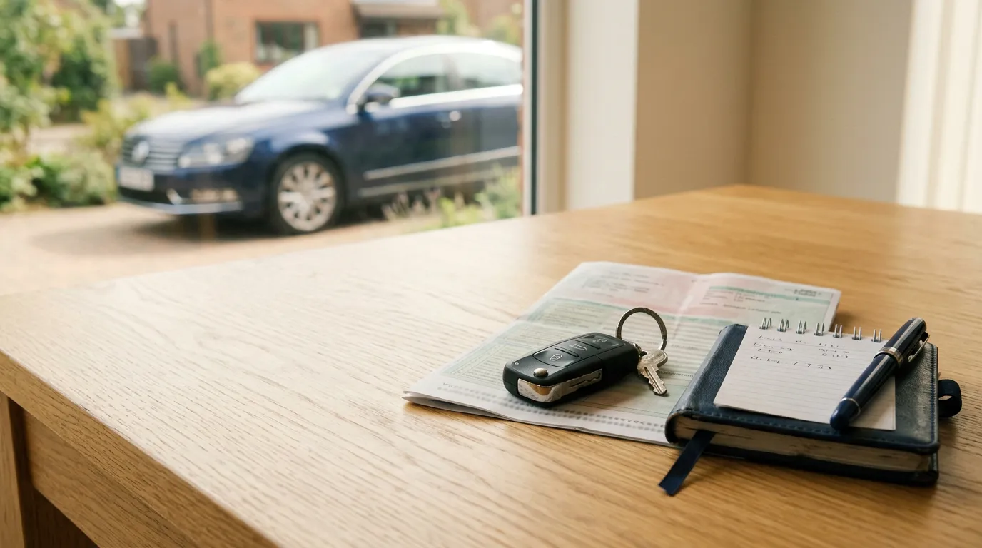 Trousseau de clés posé sur une carte grise pliée et un carnet, devant une voiture d'occasion en arrière-plan flou