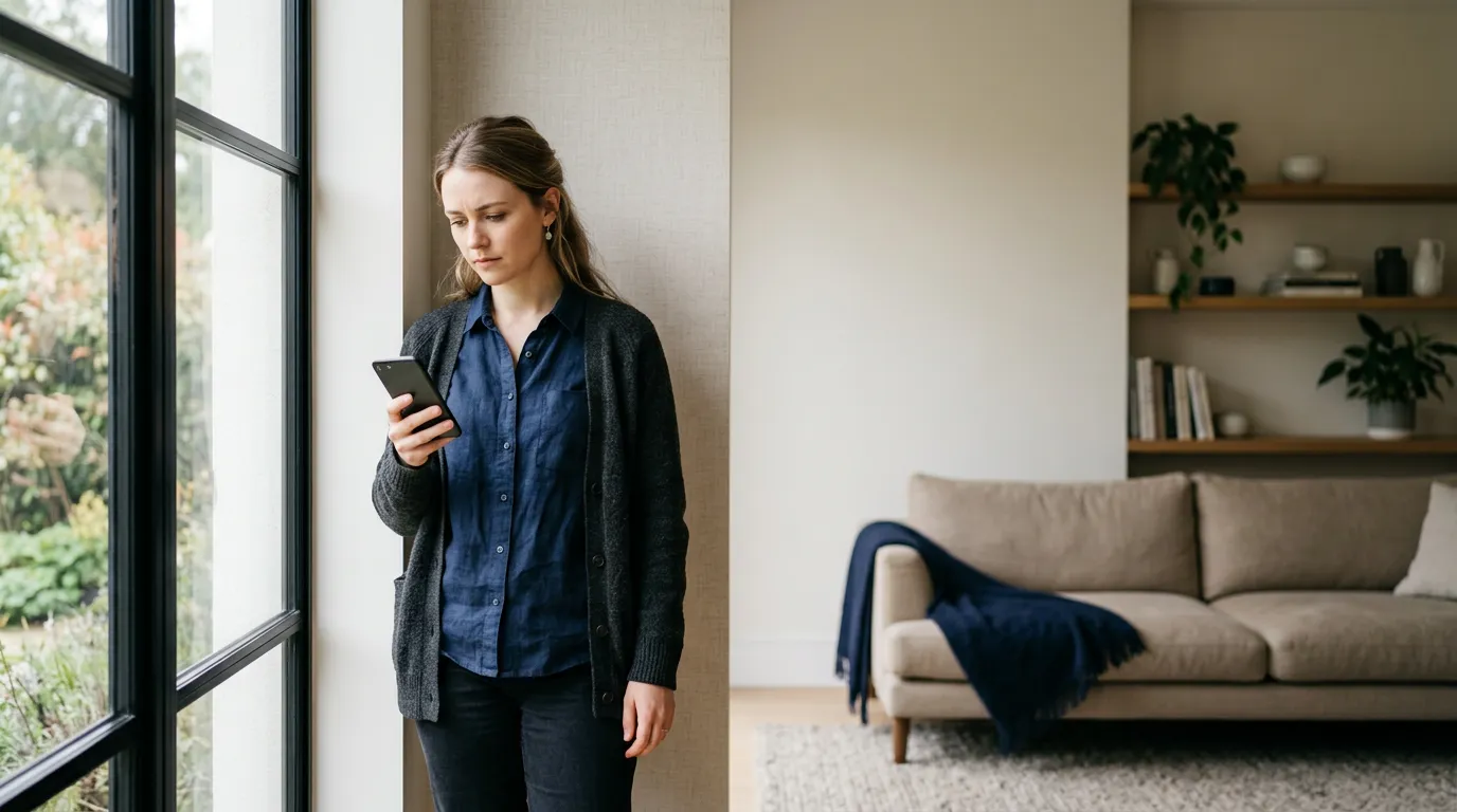 Personne près d'une fenêtre regardant son smartphone d'un air prudent pendant un appel