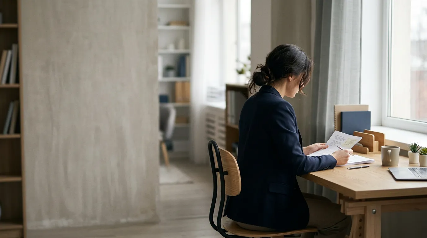 Salarié de dos à son bureau, examinant calmement un document près d'une fenêtre