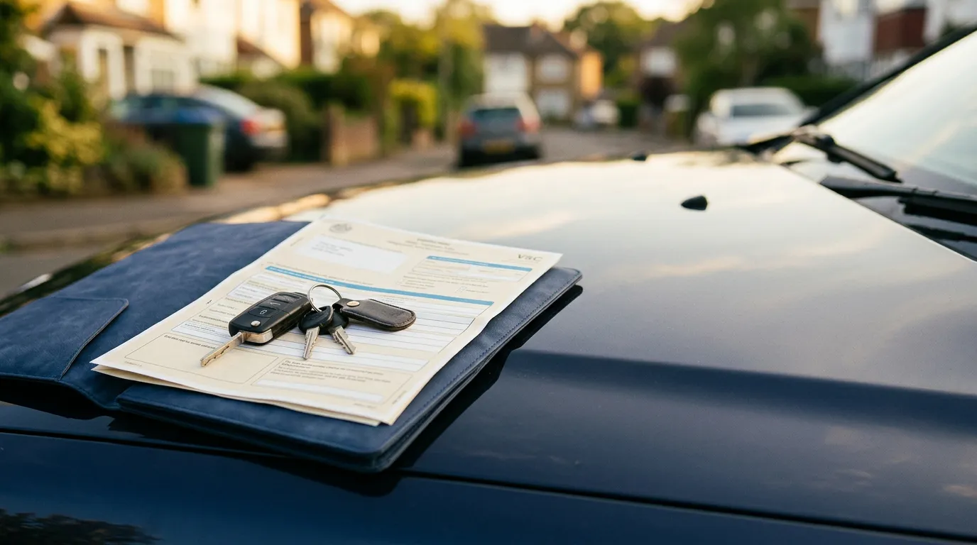 Clés de voiture posées sur un certificat d'immatriculation et un dossier, sur le capot d'un véhicule d'occasion