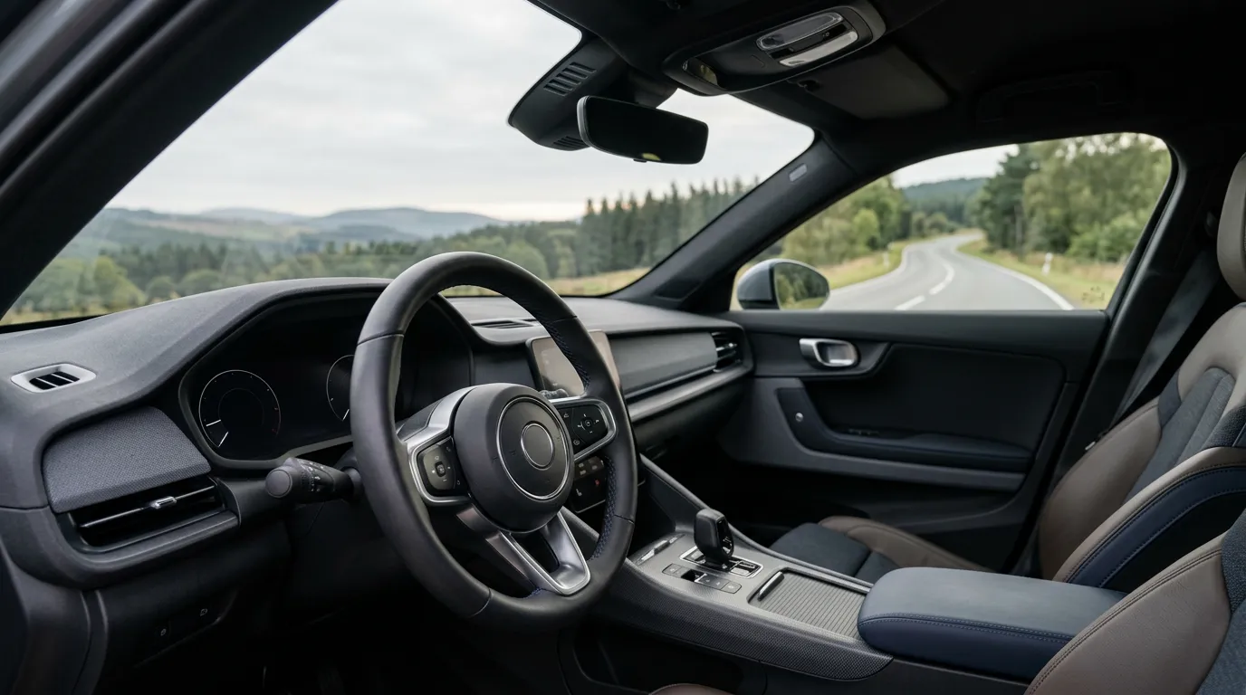 Intérieur d'une voiture moderne avec volant et tableau de bord épuré, route douce à travers le pare-brise