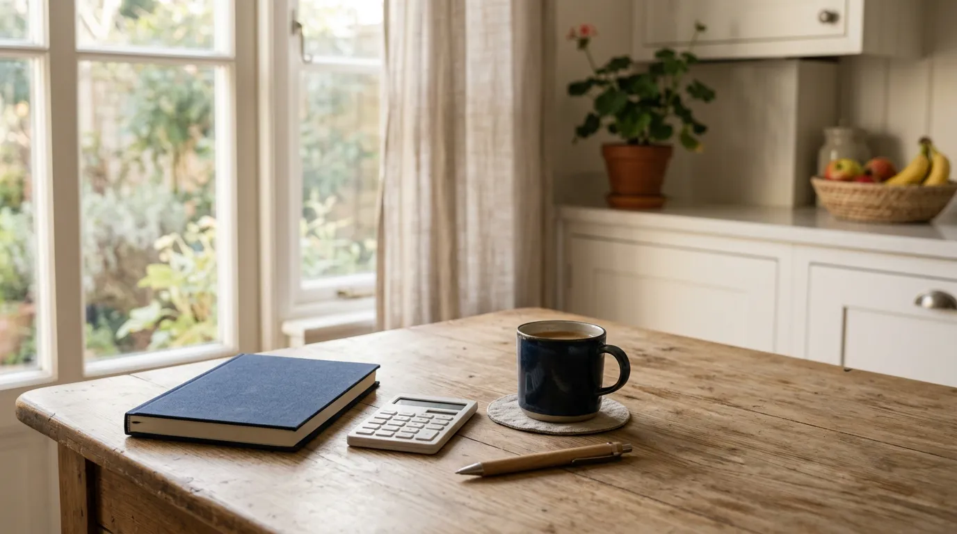 Table de cuisine avec carnet, calculatrice et tasse, lumière douce, sans personne