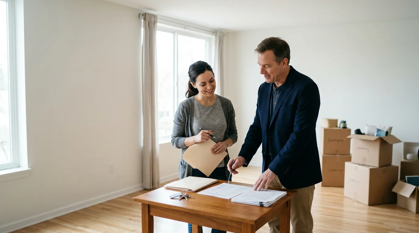 Un locataire et un propriétaire vérifient ensemble l'état des lieux et le bail, avec les clés du logement posées sur la table