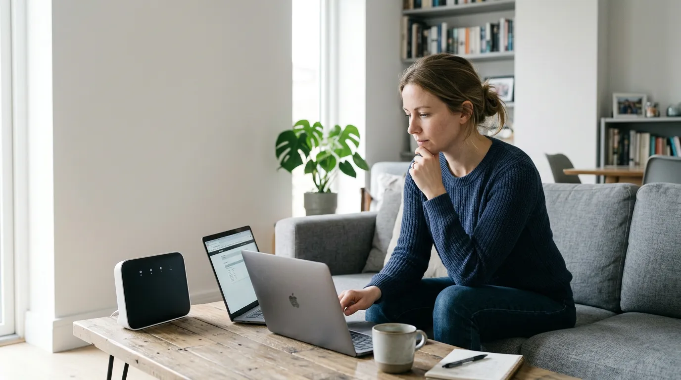 Personne examinant un problème de connexion internet avec une box et un ordinateur portable