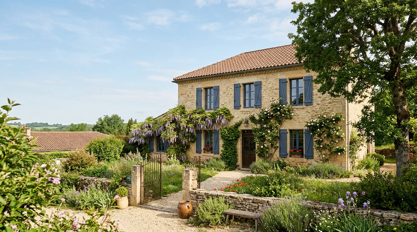 Façade d'une maison résidentielle française avec volets et petit jardin