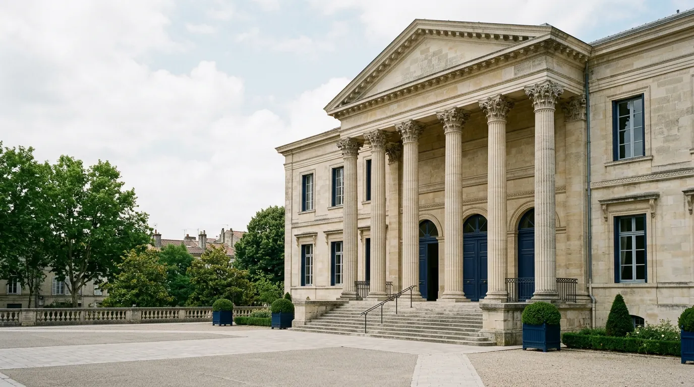Façade sobre d'un palais de justice avec colonnes et marches en pierre, vue de jour