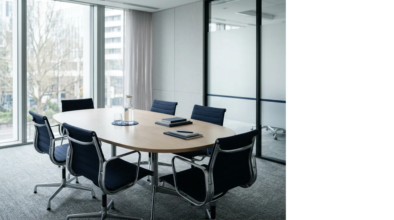 Salle de réunion d'entreprise vide, table et fauteuils, lumière douce