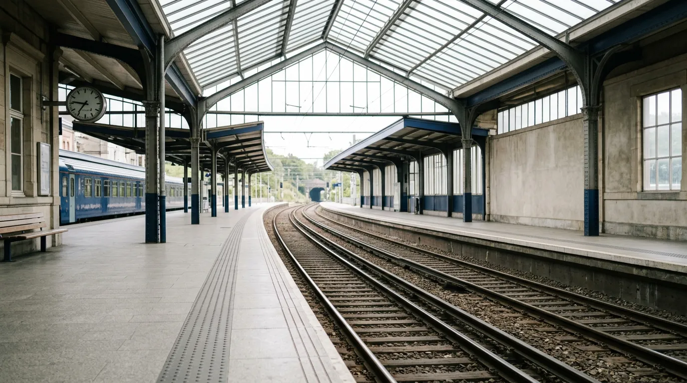 Quai de gare calme et lumineux sous une verrière, sans personne