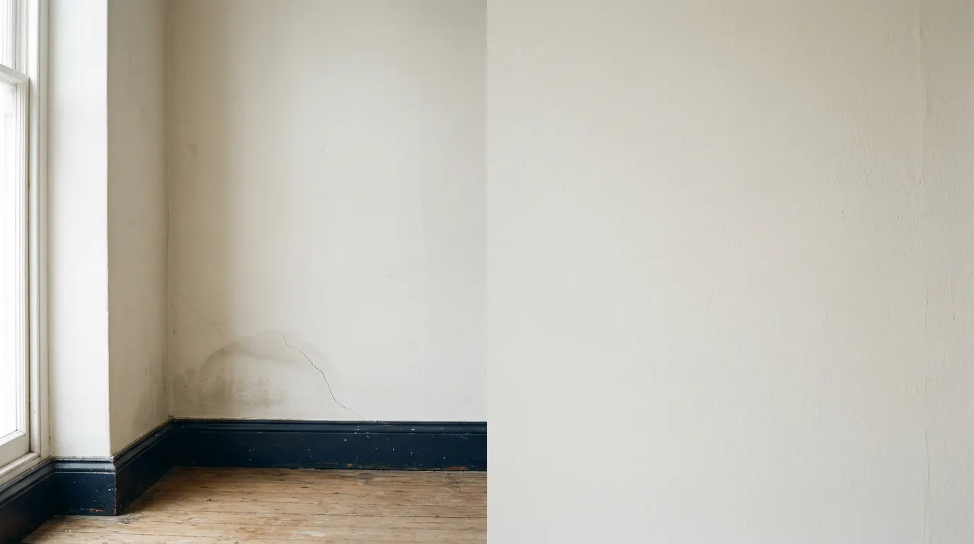 Trace d'humidité au bas d'un mur dans une maison, évoquant un vice caché
