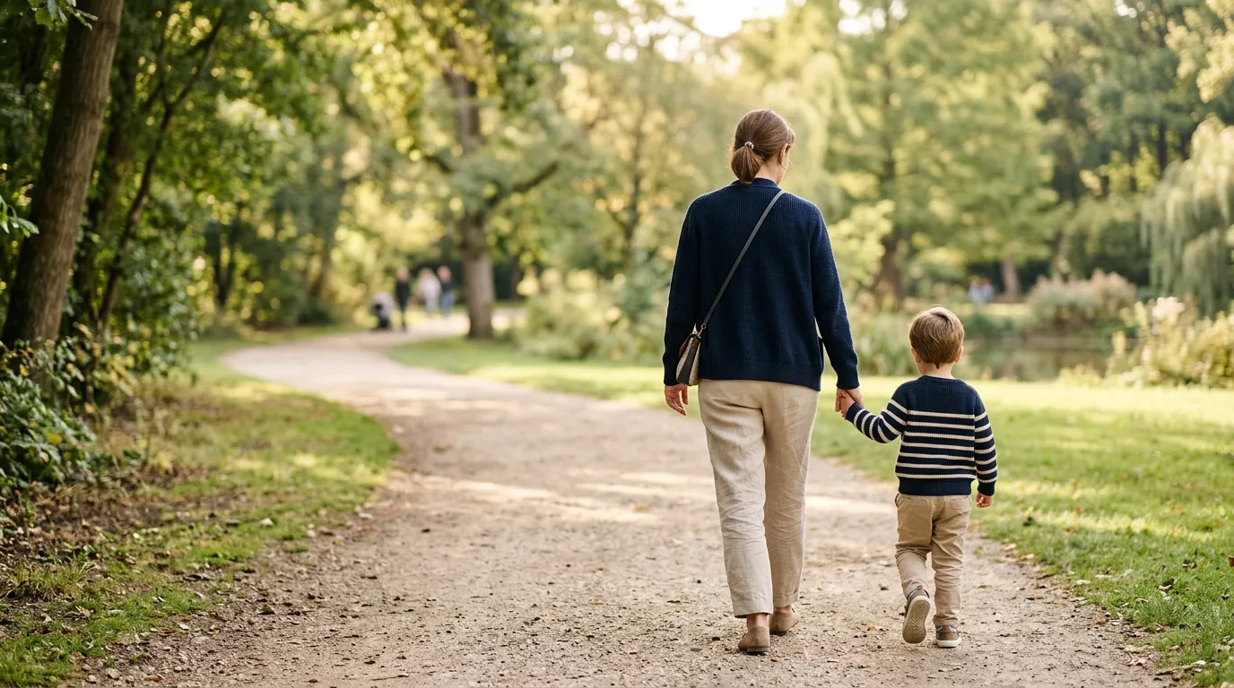 Un parent et un enfant de dos marchant main dans la main dans un parc
