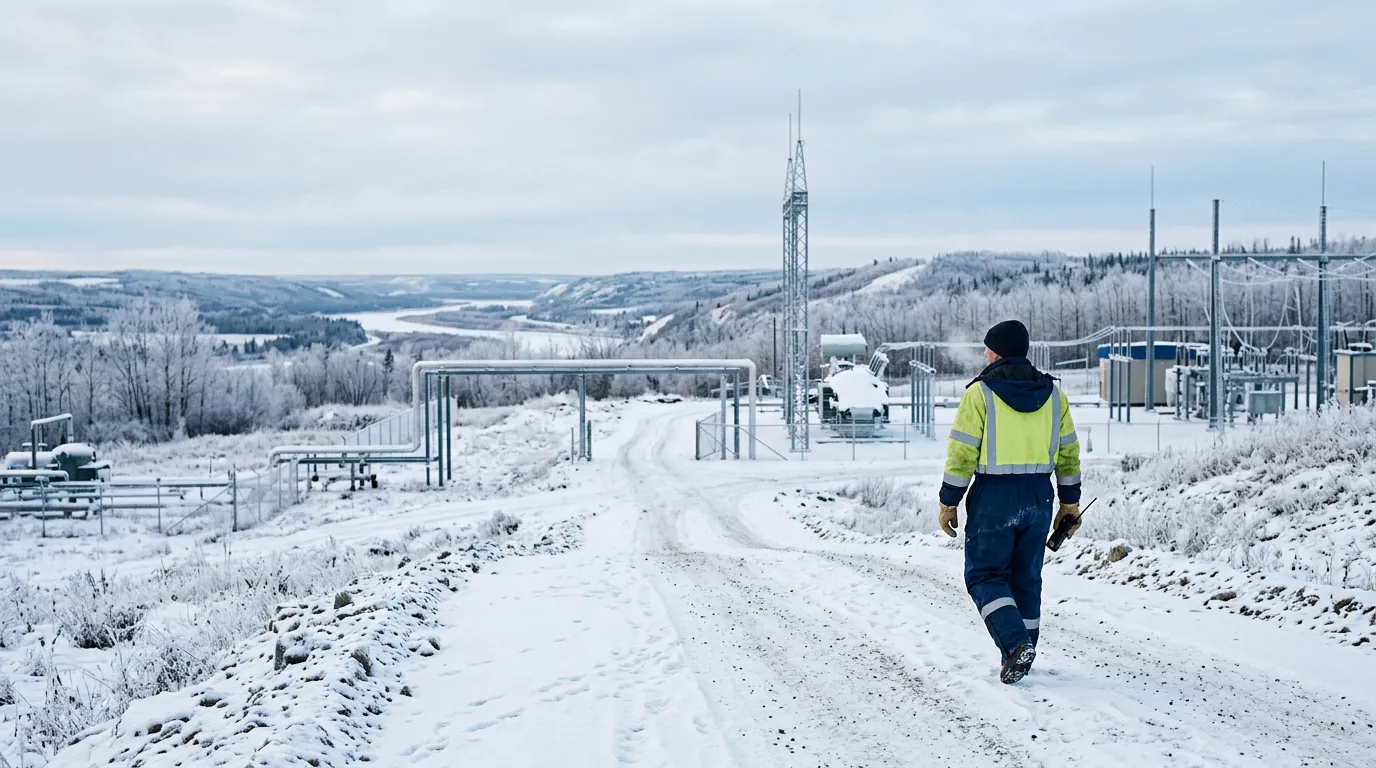 Travailleur en vêtements d'hiver sur un chantier extérieur par temps froid et givré