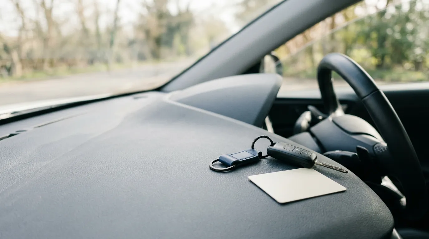 Clés de voiture et carte posées sur le tableau de bord d'une voiture, près du volant