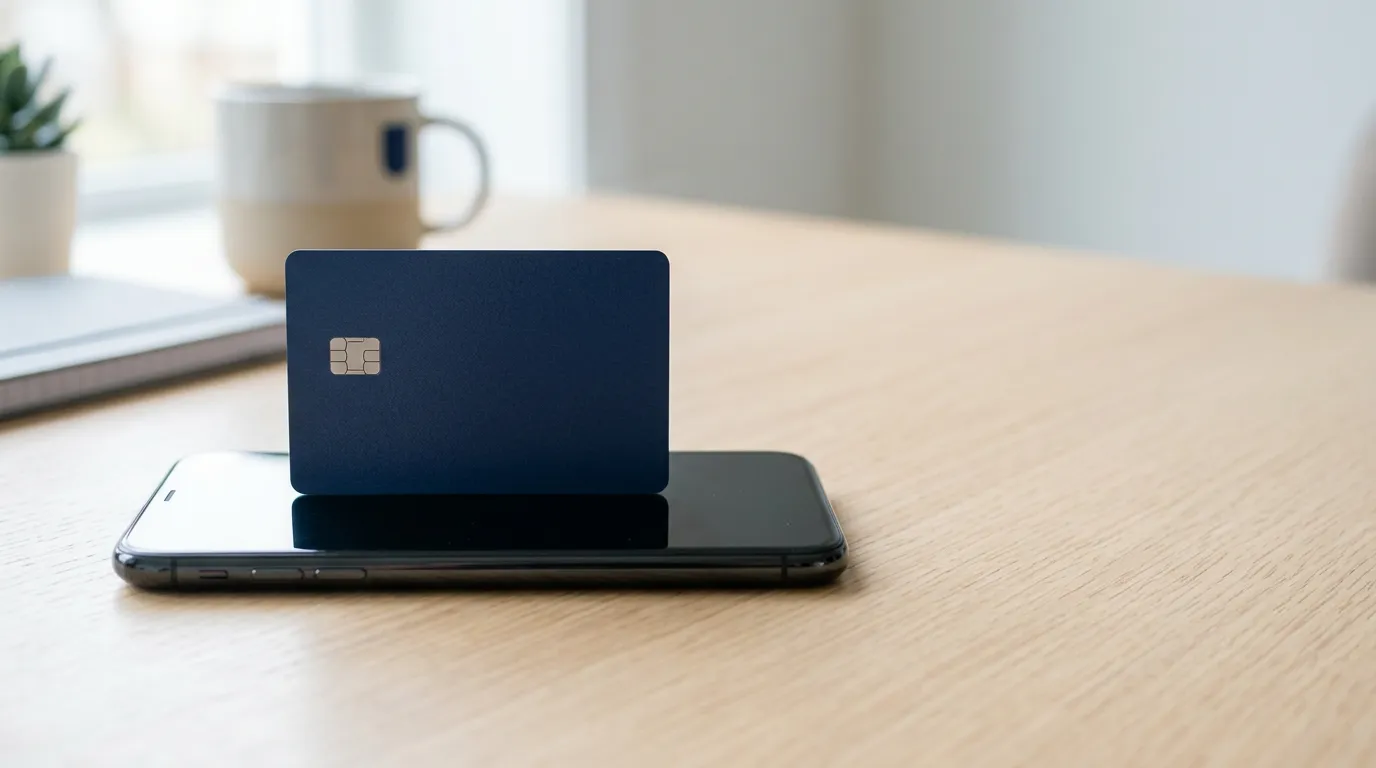 Carte bancaire pos\u00e9e sur un smartphone \u00e0 l'\u00e9cran neutre, illustrant la s\u00e9curit\u00e9 des paiements et la fraude \u00e0 la carte