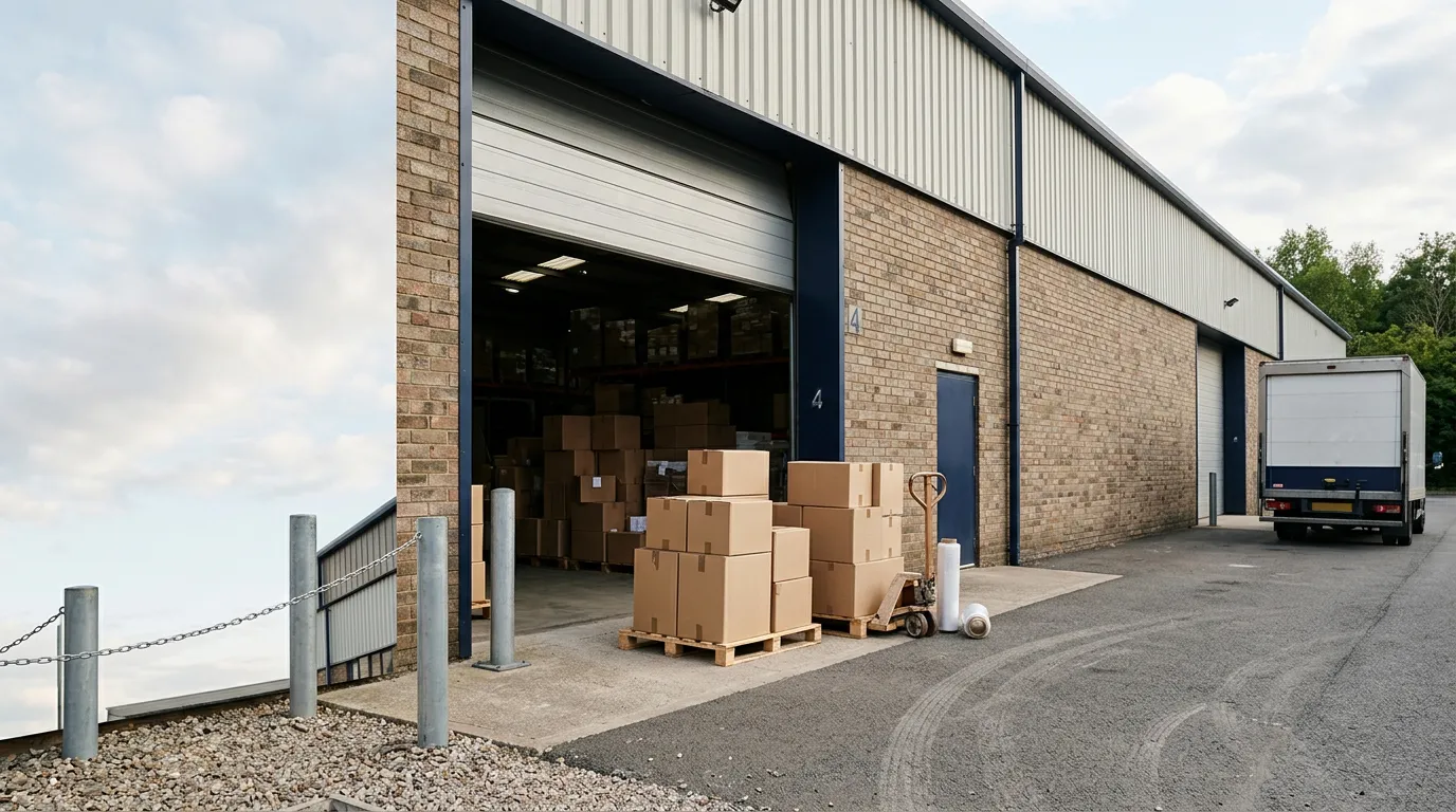 Quai de chargement d'une petite entreprise avec palettes et cartons, porte d'entrepôt ouverte