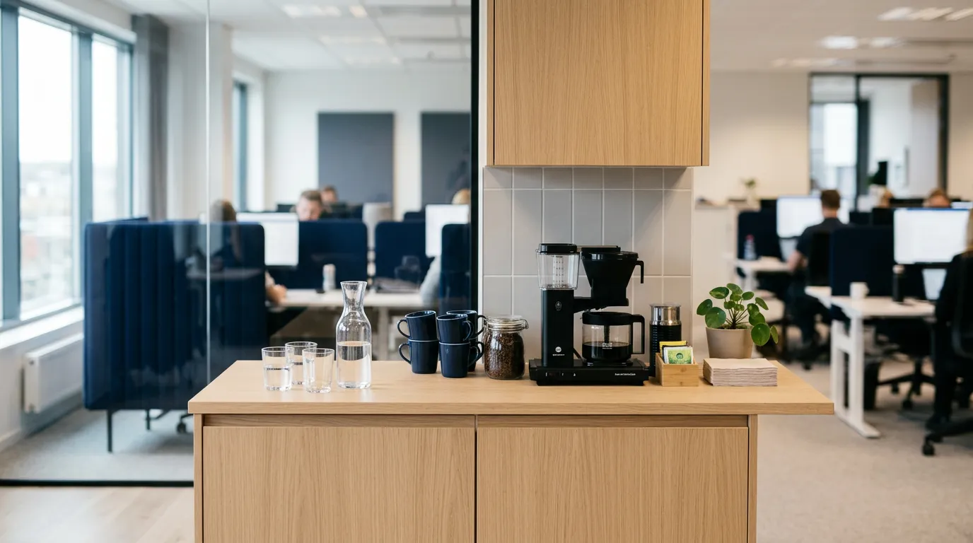 Espace de pause d'un bureau moderne avec verres d'eau et coin café