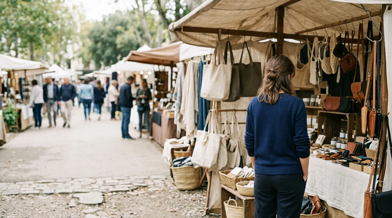 Personne de dos parcourant un étal de marché en plein air, marchandises génériques sans marque