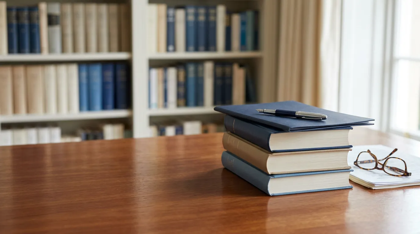 Bureau en bois d'un cabinet d'avocat près d'une fenêtre lumineuse, avec une pile de livres juridiques, un stylo et des lunettes, ambiance calme et professionnelle