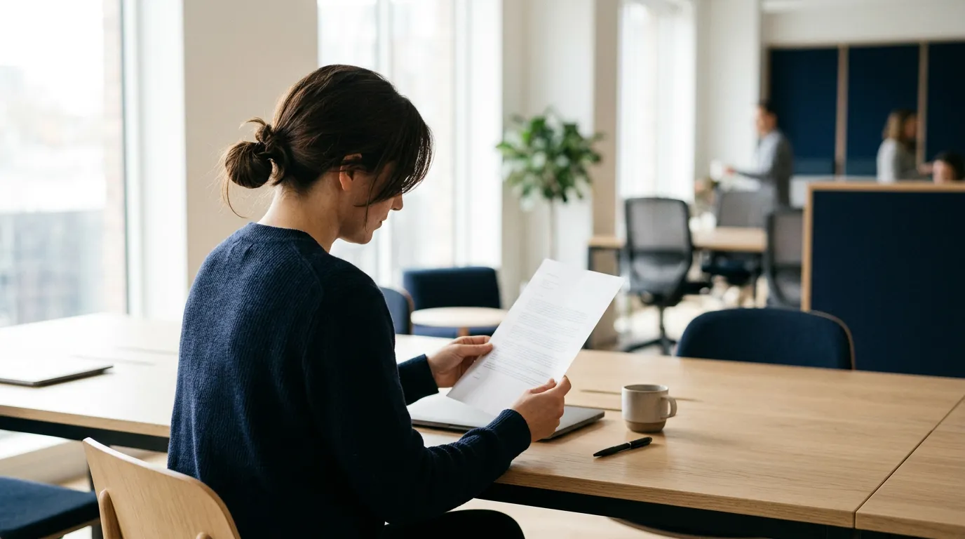 Un salarié assis à son bureau dans un open-space lumineux, lisant calmement un courrier officiel