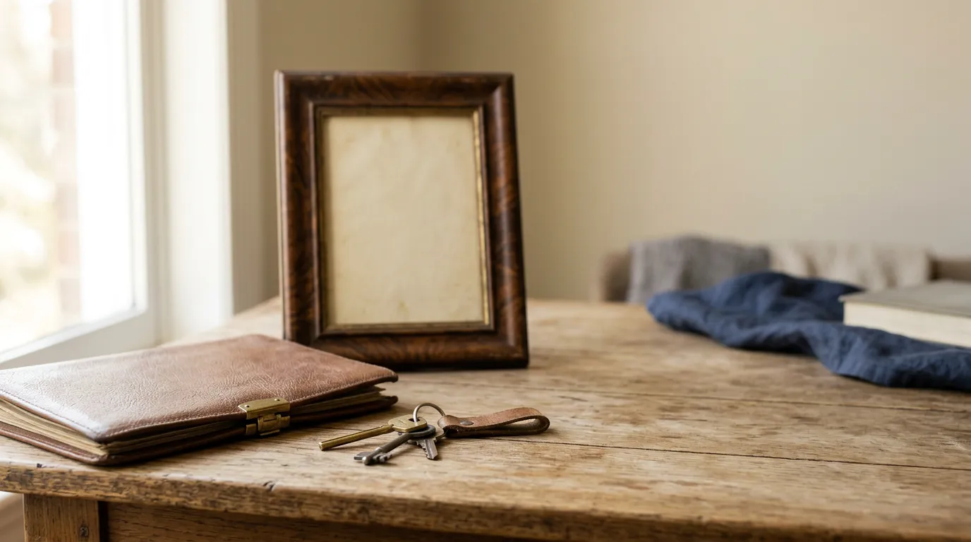 Clés de maison, pochette en cuir et cadre photo vide sur une table en bois ancienne