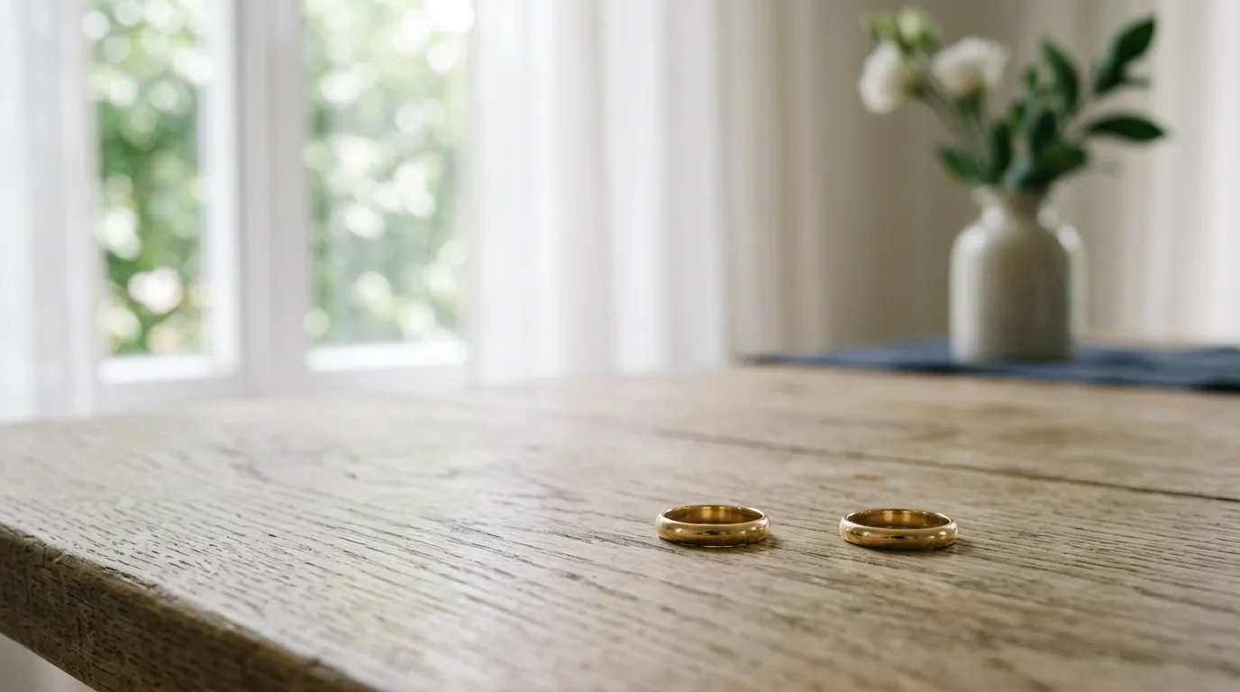 Deux alliances posées séparément sur une table claire, près d'une fenêtre