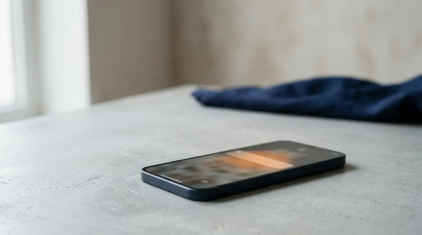 Un smartphone posé sur une table affiche une notification de message floue, évoquant un SMS frauduleux