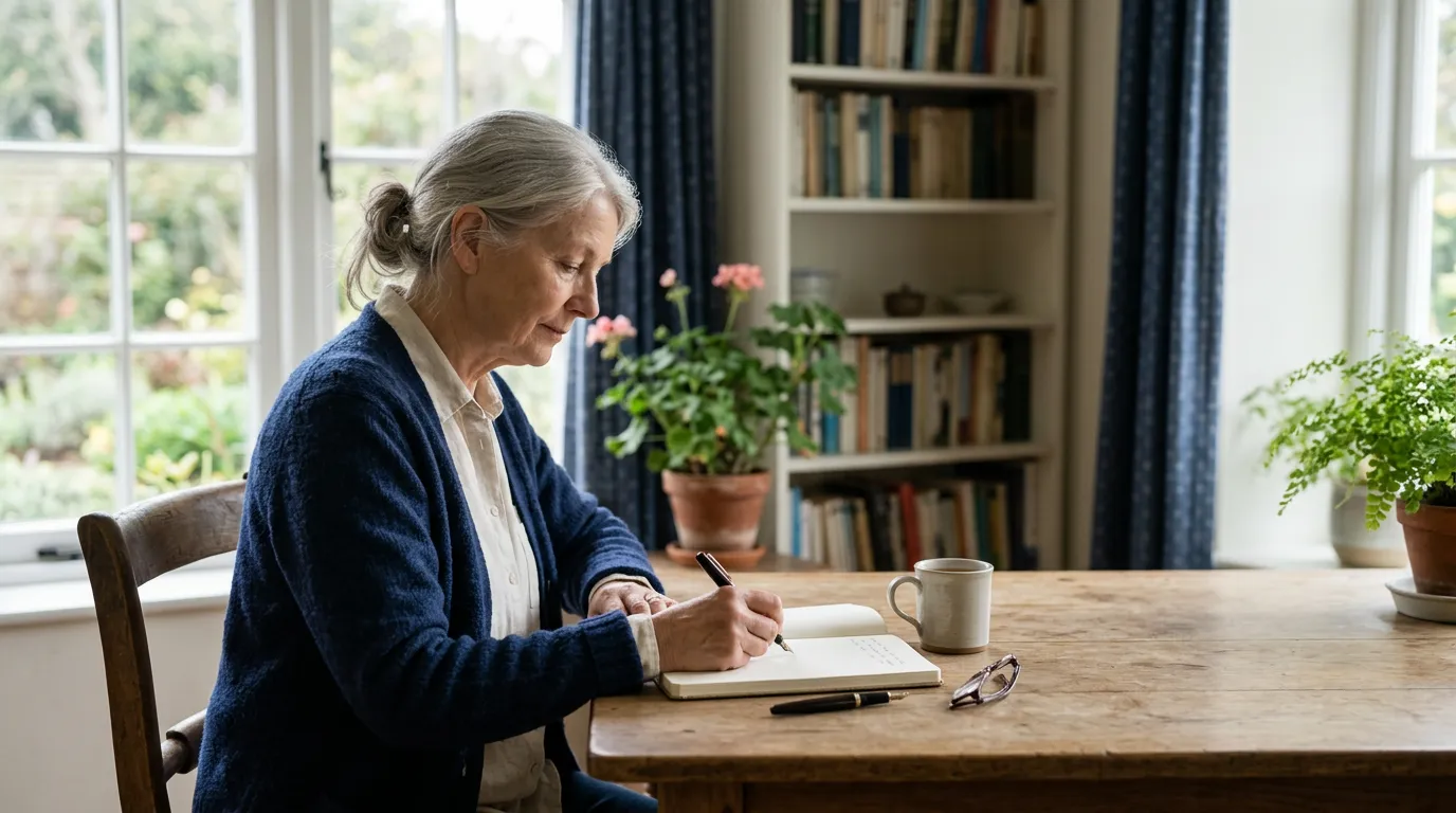 Personne âgée assise à une table près d'une fenêtre, rédigeant un document à la plume dans un intérieur calme