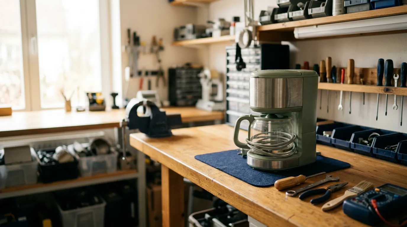 Établi de réparation clair avec un petit appareil électroménager et quelques outils, sans personne