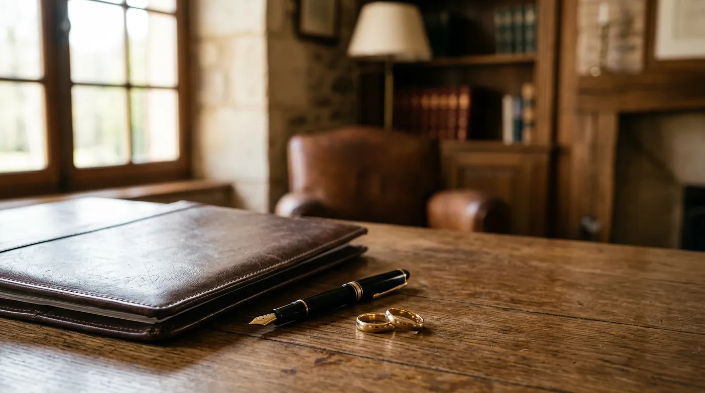 Nature morte sur un bureau de notaire avec un dossier en cuir, un stylo et deux alliances, évoquant le contrat de mariage