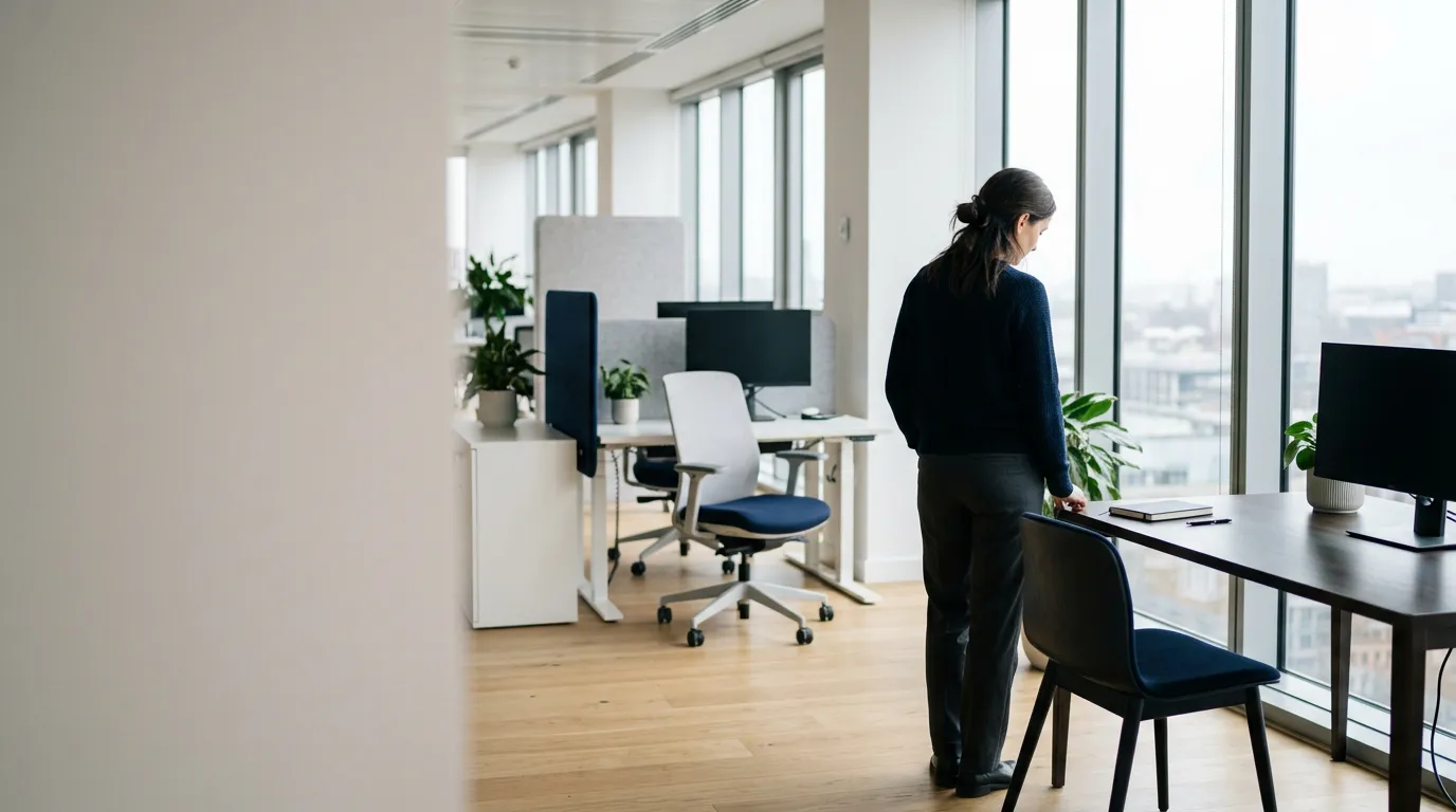 Open space lumineux avec une personne de dos près d'un bureau, ambiance professionnelle