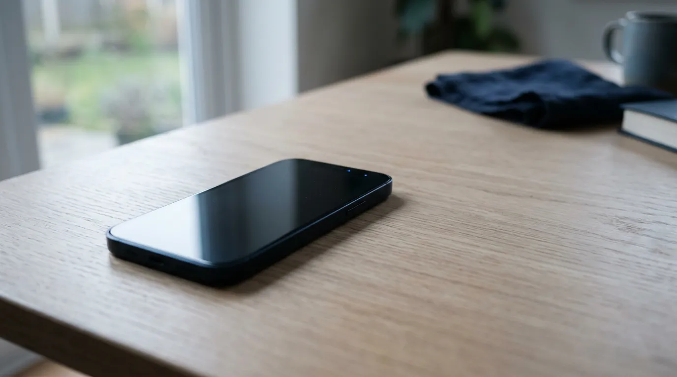 Smartphone posé sur une table claire, écran éteint