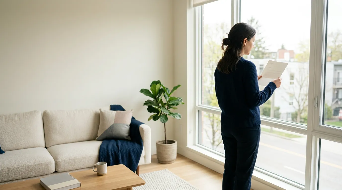 Personne de dos lisant un document près d'une fenêtre dans un appartement lumineux