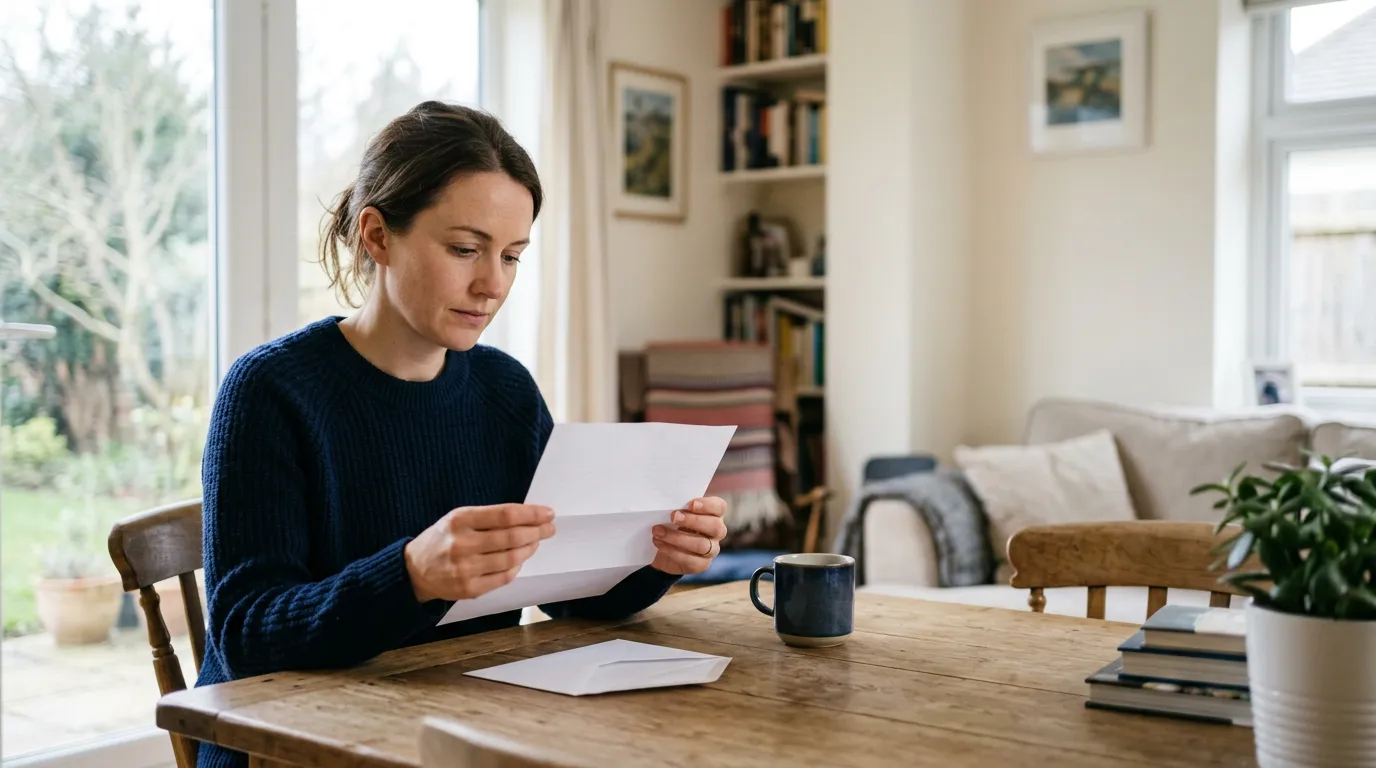 Personne lisant un courrier à une table dans un intérieur lumineux