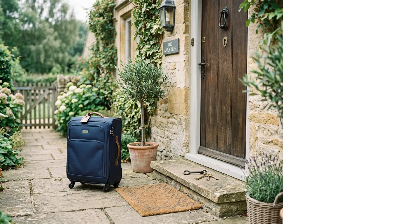 Valise et trousseau de clés près de l'entrée d'un logement de vacances, lumière douce