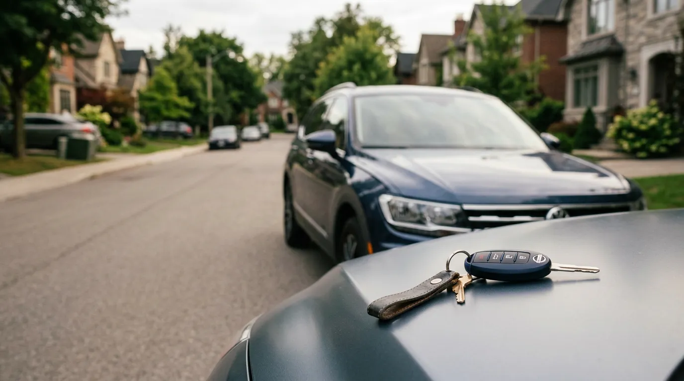 Clés de voiture posées sur le capot d'un véhicule garé, après une vente