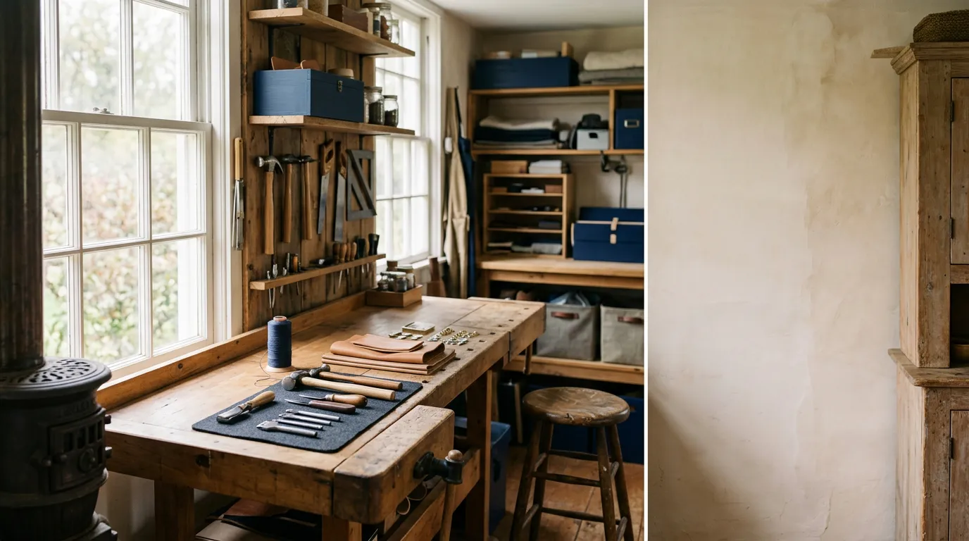 Atelier artisanal familial soigné avec établi en bois et outils rangés, sans personne