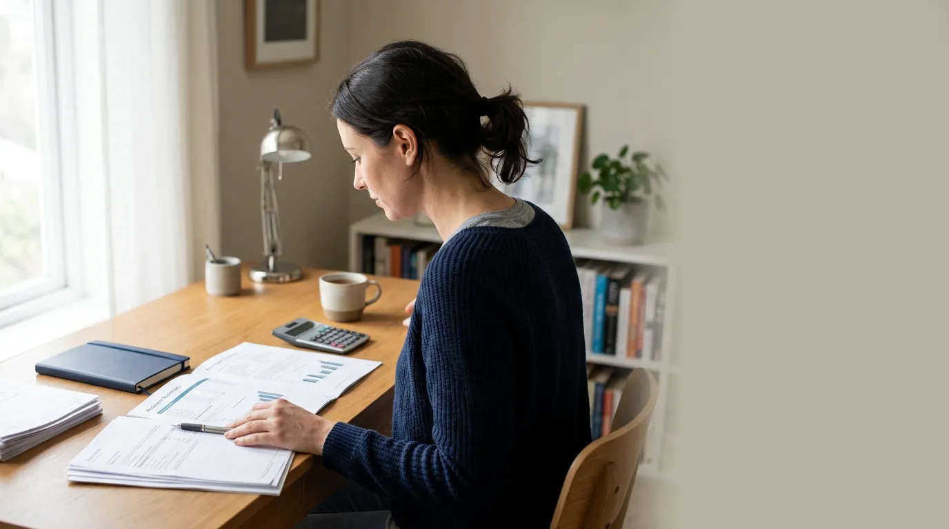 Une personne examine attentivement des documents bancaires et un contrat de prêt à son bureau, calculatrice à proximité, pour préparer la contestation d'un cautionnement