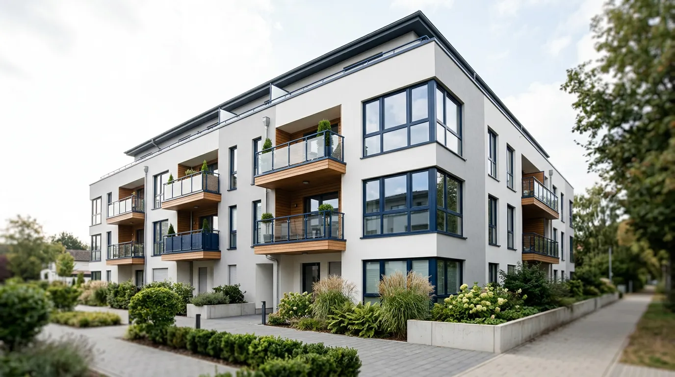 Façade d'un immeuble résidentiel en copropriété, vue en angle