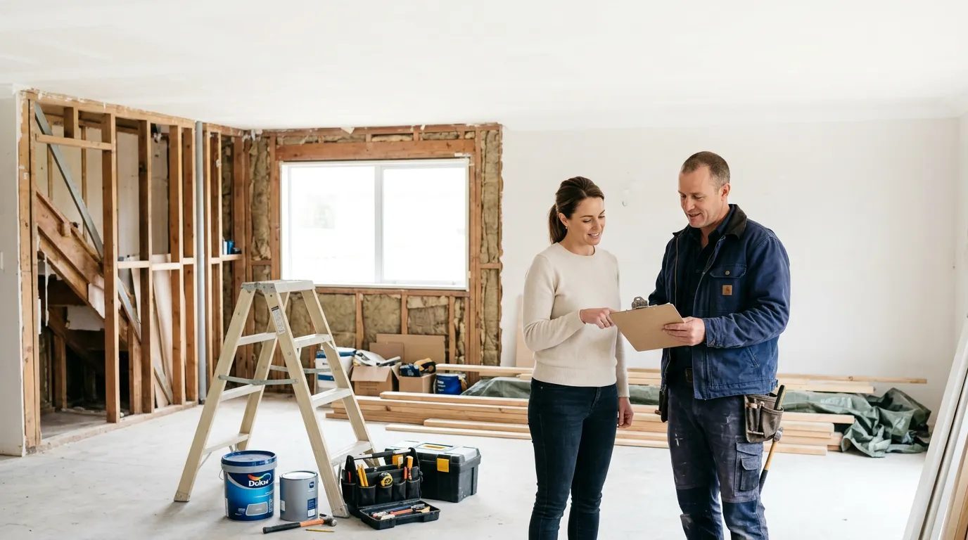 Un particulier et un artisan examinent ensemble un devis sur un chantier de rénovation