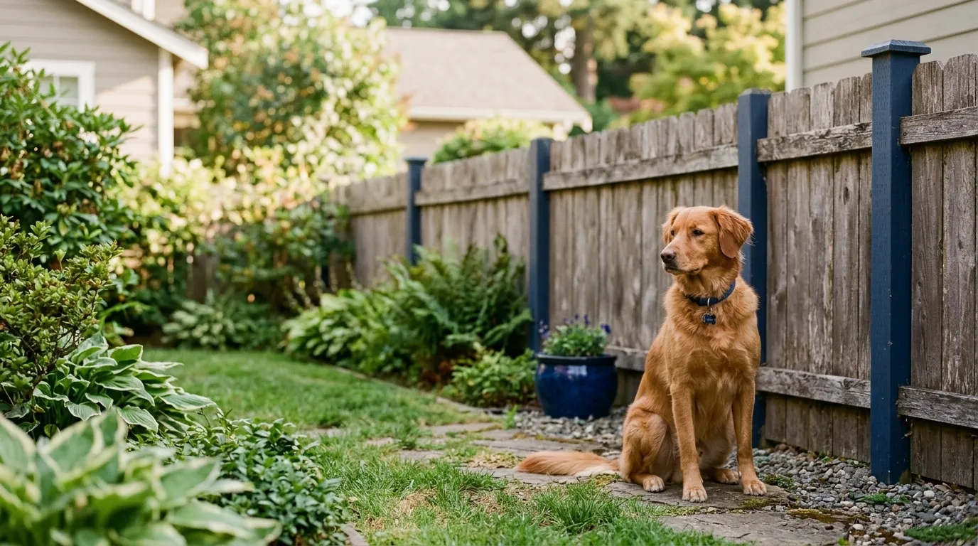 Chien calme assis dans un jardin pr\u00e8s d'une cl\u00f4ture en bois, illustrant le voisinage et les aboiements