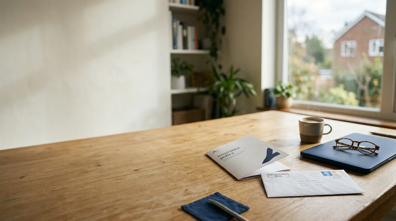 Documents d'assurance, enveloppe de courrier recommandé et ordinateur sur un bureau pour résilier un contrat
